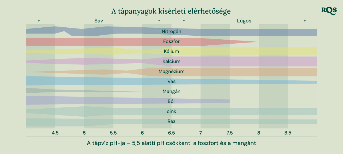 Oszlopdiagrammák, amelyek bemutatják, hogyan befolyásolja a talaj pH-ja a tápanyagok elérhetőségét a növények számára. Az X-tengely 4,5-től 8,5-ig terjed, míg az Y-tengely a tápanyagok relatív elérhetőségét mutatja. A bemutatott tápanyagok közé tartozik a nitrogén, foszfor, kálium, kalcium, magnézium, vas, mangán, bóra, cink és réz.