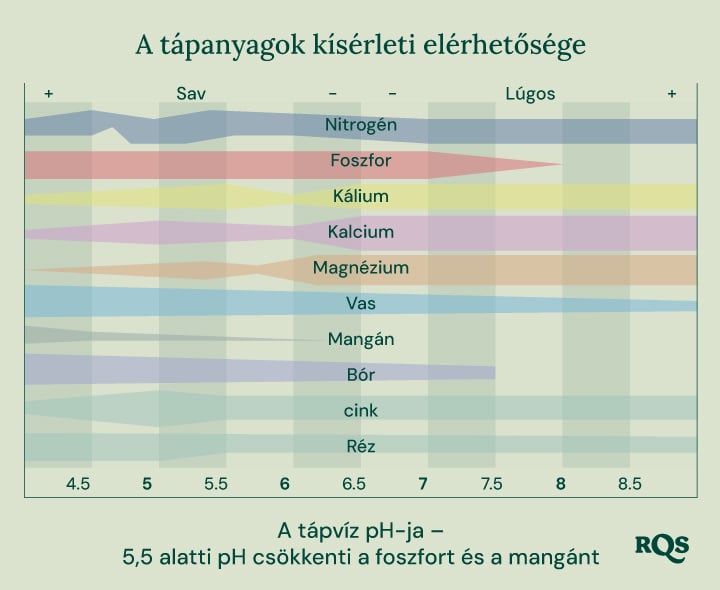 Oszlopdiagrammák, amelyek bemutatják, hogyan befolyásolja a talaj pH-ja a tápanyagok elérhetőségét a növények számára. Az X-tengely 4,5-től 8,5-ig terjed, míg az Y-tengely a tápanyagok relatív elérhetőségét mutatja. A bemutatott tápanyagok közé tartozik a nitrogén, foszfor, kálium, kalcium, magnézium, vas, mangán, bóra, cink és réz.